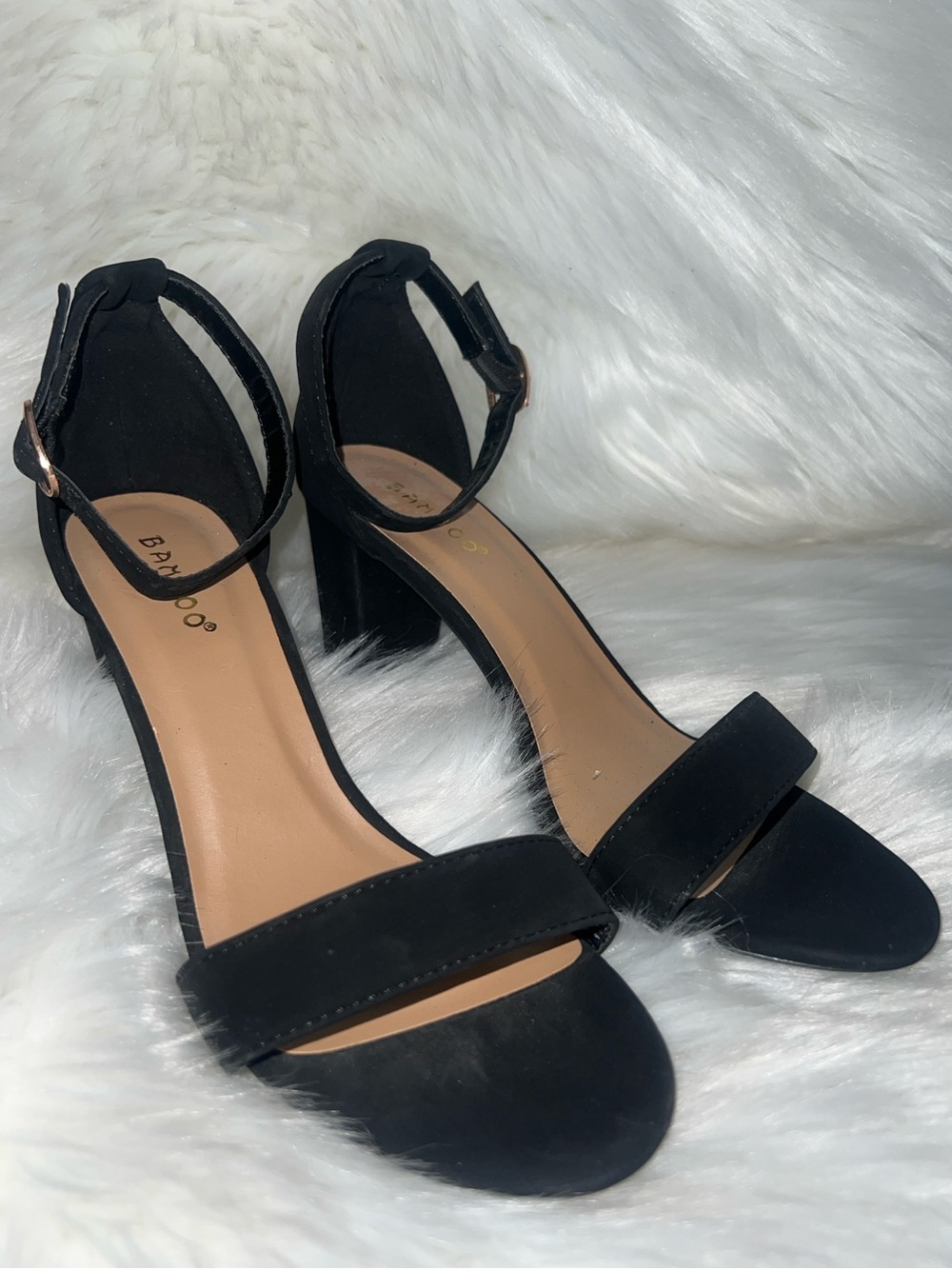 BAMBOO Black Suede Ankle Strap Block Heels